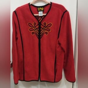 Bob Mackie Red  Embroidered Celtic Design Fleece Jacket with Black Trim